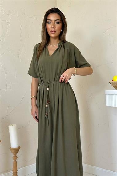 Toptan Haki Salaş Keten Elbise