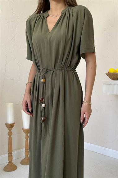 Toptan Haki Salaş Keten Elbise