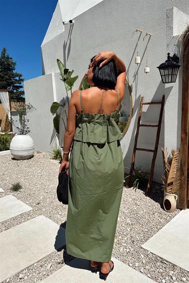 Toptan Haki Spagetti Yaka Önü Pileleli Elbise