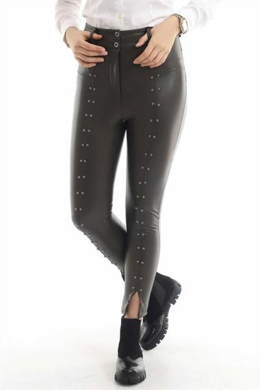 Toptan Haki Taş İşlemeli Deri Tayt