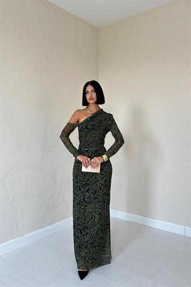 Toptan Haki Tek Omuz Tül Elbise