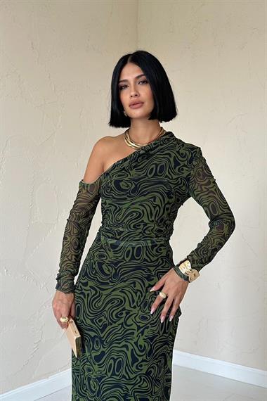 Toptan Haki Tek Omuz Tül Elbise