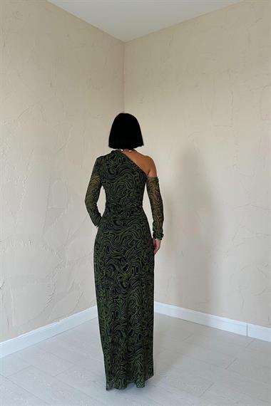 Toptan Haki Tek Omuz Tül Elbise