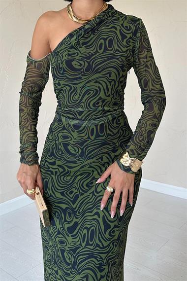 Toptan Haki Tek Omuz Tül Elbise