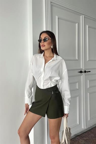 Toptan Haki Tokalı Şortlu Etek