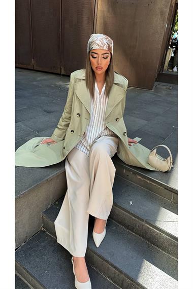 Toptan Haki Uzun Kemerli Trençkot