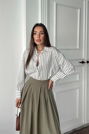 Toptan Haki Uzun Pileli Etek