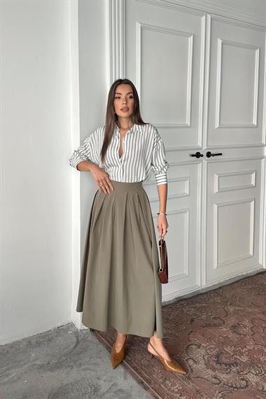 Toptan Haki Uzun Pileli Etek