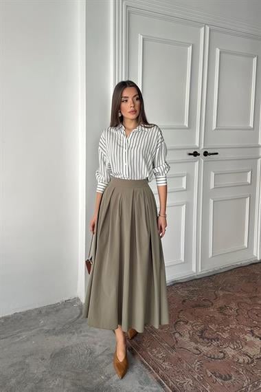 Toptan Haki Uzun Pileli Etek
