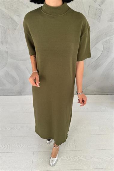 Toptan Haki Yırtmaç Detaylı Yakalı Elbise