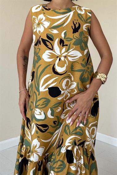 Toptan Hardal Çiçek Desenli Elbise