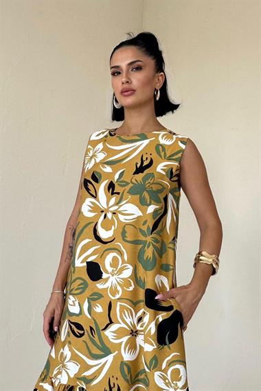 Toptan Hardal Çiçek Desenli Elbise