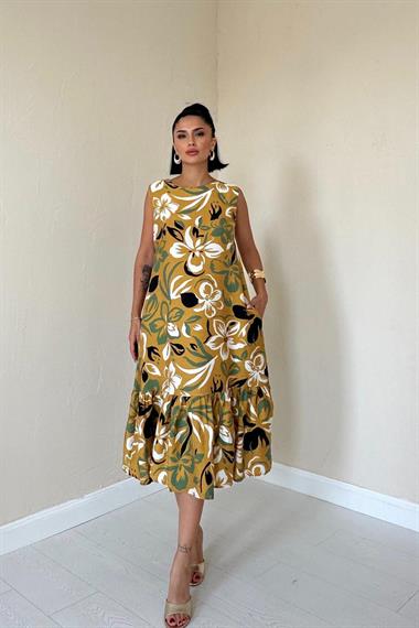 Toptan Hardal Çiçek Desenli Elbise