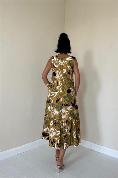 Toptan Hardal Çiçek Desenli Elbise