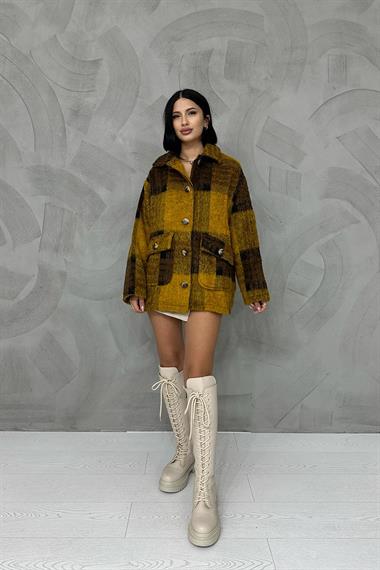 Toptan Hardal Düğmeli Ekoseli Kadın Kaban