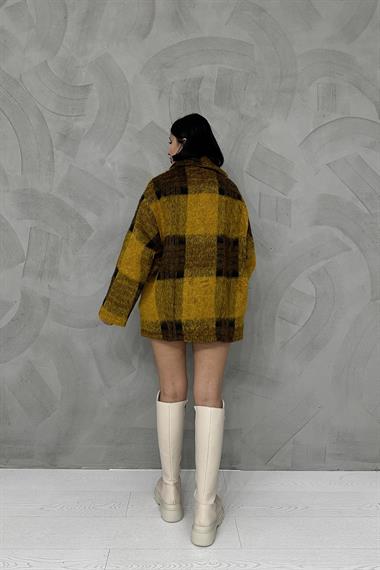 Toptan Hardal Düğmeli Ekoseli Kadın Kaban