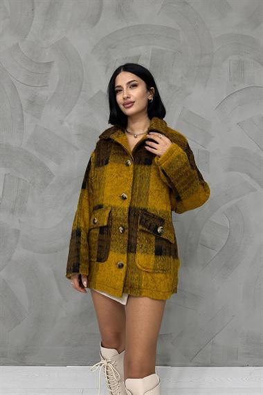 Toptan Hardal Düğmeli Ekoseli Kadın Kaban