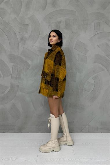 Toptan Hardal Düğmeli Ekoseli Kadın Kaban