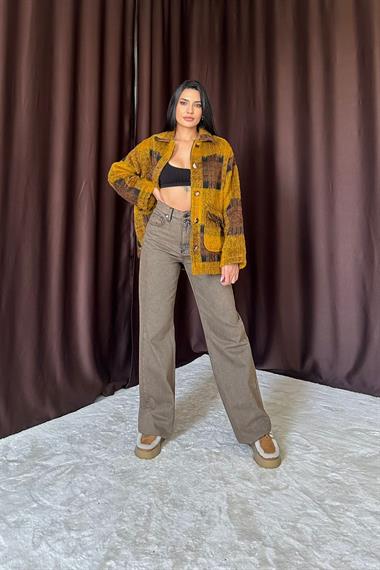 Toptan Hardal Siyah Düğmeli Ekoseli Kadın Kaban