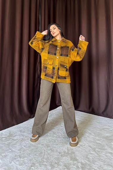 Toptan Hardal Siyah Düğmeli Ekoseli Kadın Kaban