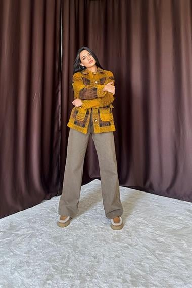 Toptan Hardal Siyah Düğmeli Ekoseli Kadın Kaban