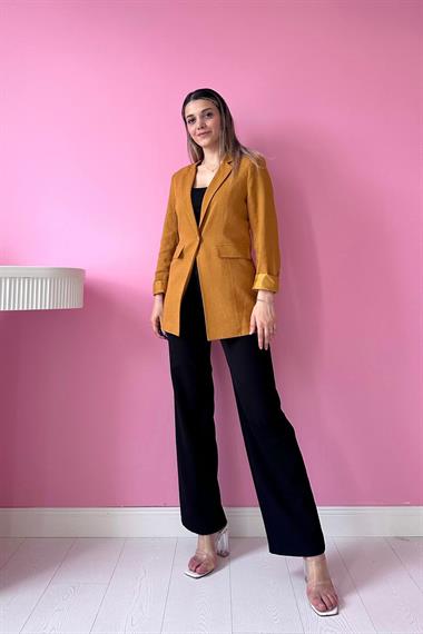 Toptan Hardal Tek Düğmeli Keten Ceket