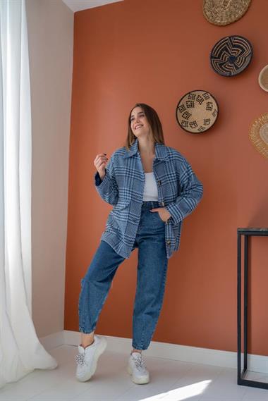 Toptan İndigo Düğmeli Ekoseli Kaban