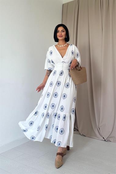 Toptan İndigo Korsajlı Balon Kol Elbise