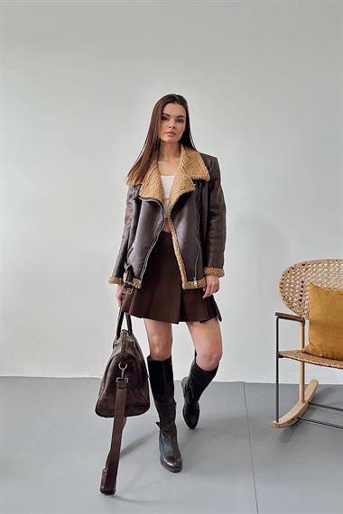 Toptan Kahverengi Apoletli Kürklü Ceket