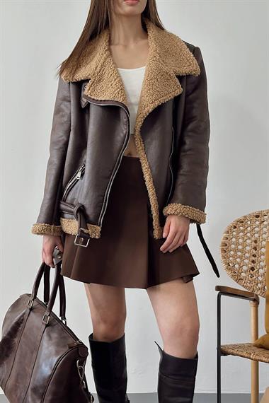 Toptan Kahverengi Apoletli Kürklü Ceket