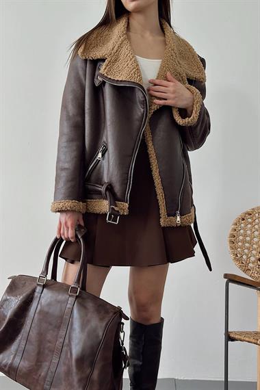 Toptan Kahverengi Apoletli Kürklü Ceket