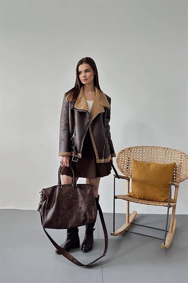 Toptan Kahverengi Apoletli Kürklü Ceket