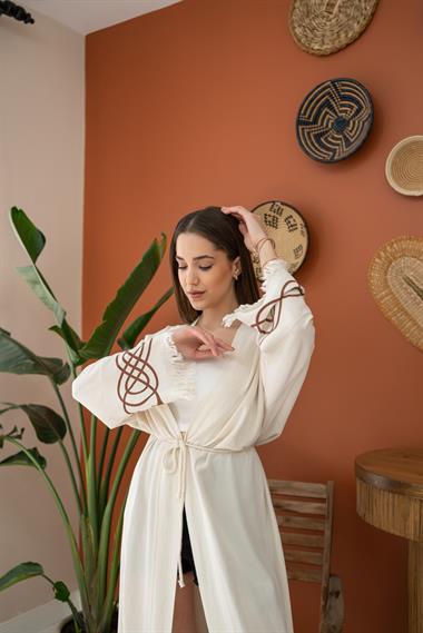 Wholesale Brown Print Detail Linen Cardigan