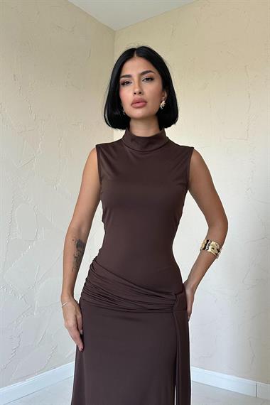 Toptan Kahverengi Beli Büzgülü Balıkçı Yaka Elbise