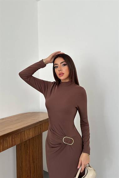 Toptan Kahverengi Beli Tokalı Elbise