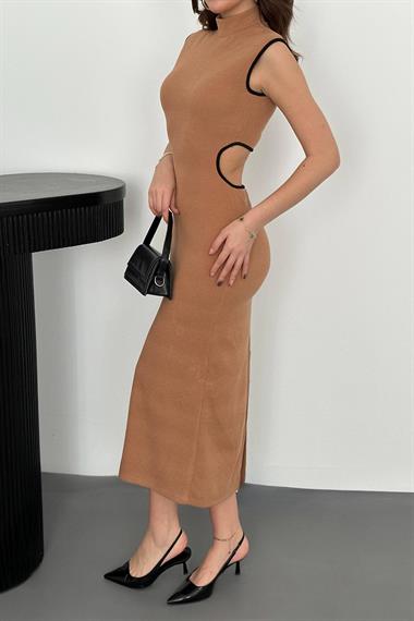 Toptan Kahverengi Biyeli Triko Elbise