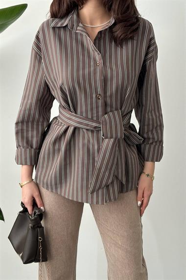 Toptan Kahverengi Boyundan Bağlamalı Çizgili Gömlek