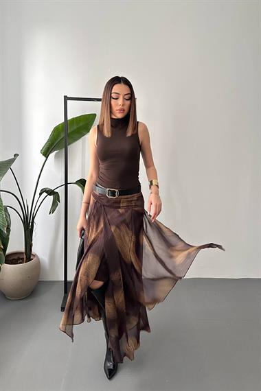 Toptan Kahverengi Büzgülü Şifon Etek