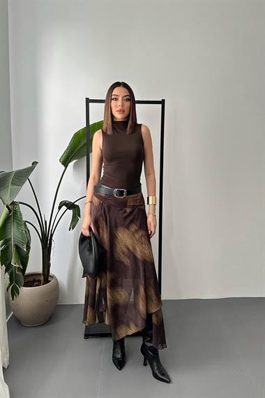 Toptan Kahverengi Büzgülü Şifon Etek