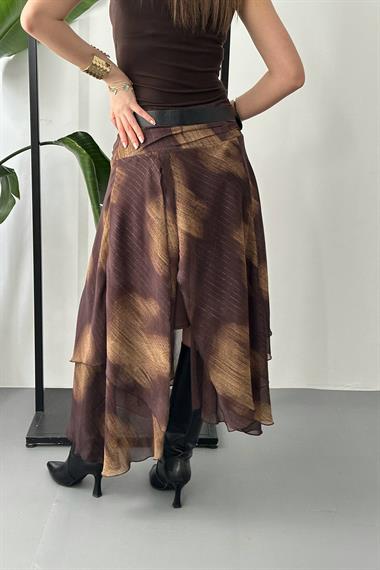 Toptan Kahverengi Büzgülü Şifon Etek