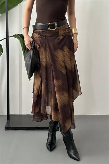 Toptan Kahverengi Büzgülü Şifon Etek