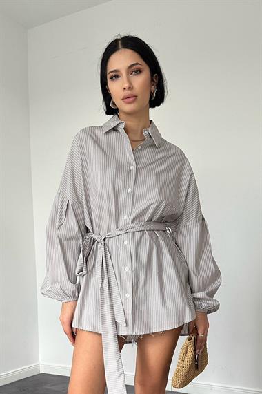 Toptan Kahverengi Çizgili Poplin Kuşaklı Gömlek