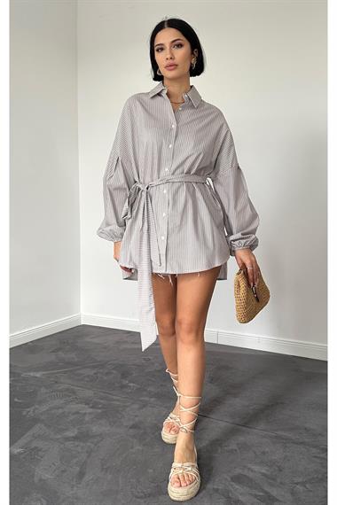 Toptan Kahverengi Çizgili Poplin Kuşaklı Gömlek