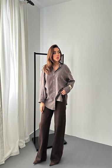 Toptan Kahverengi Çizgili Salaş Gömlek