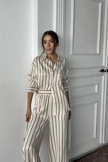 Toptan Kahverengi Çizgili Saten Takım