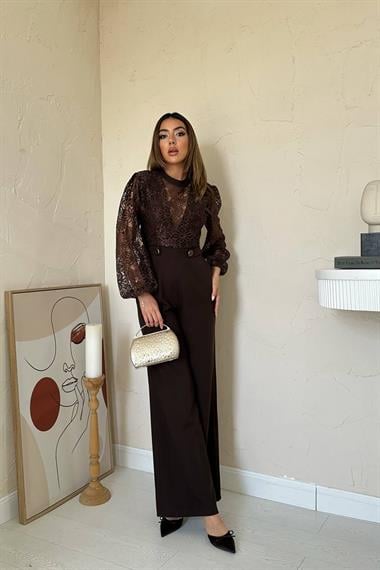 Toptan Kahverengi Dantelli Apoletli Tulum