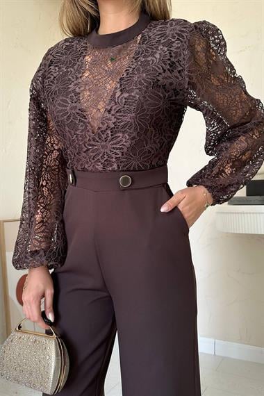 Toptan Kahverengi Dantelli Apoletli Tulum