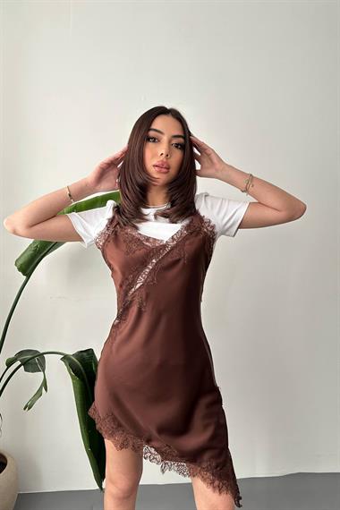 Toptan Kahverengi Dantelli Elbise