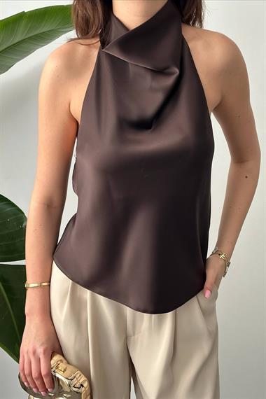 Toptan Kahverengi Degaje Saten Bluz