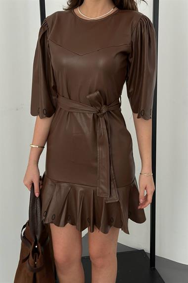 Toptan Kahverengi Deri Mini Elbise